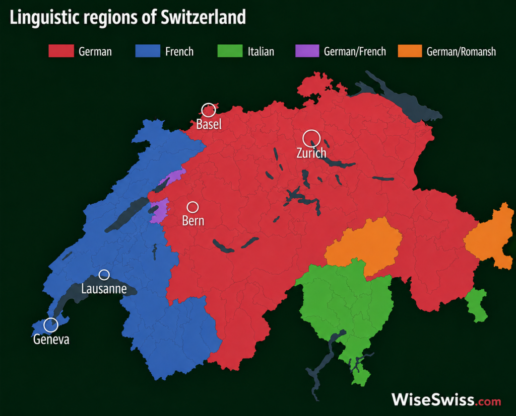 Map of Switzerland showing German, French, Italian and Romansh language regions by canton
